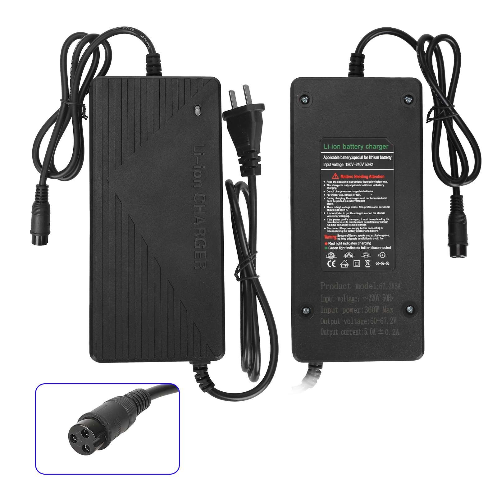 Încărcător rapid 60V-67.2V 5A cu conector GX16 și ștecher US