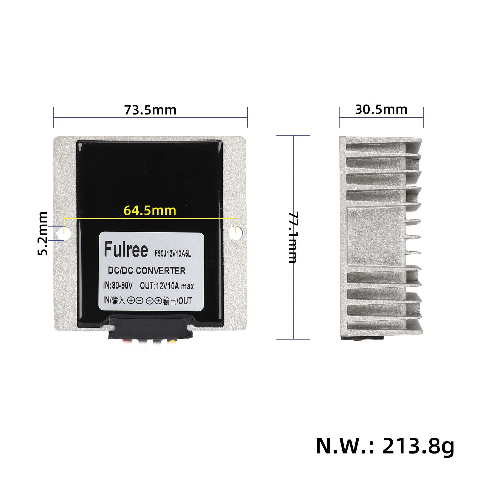 Convertor DC de la 30-90V la 12V, 10A, 5L, cu carcasă din aluminiu