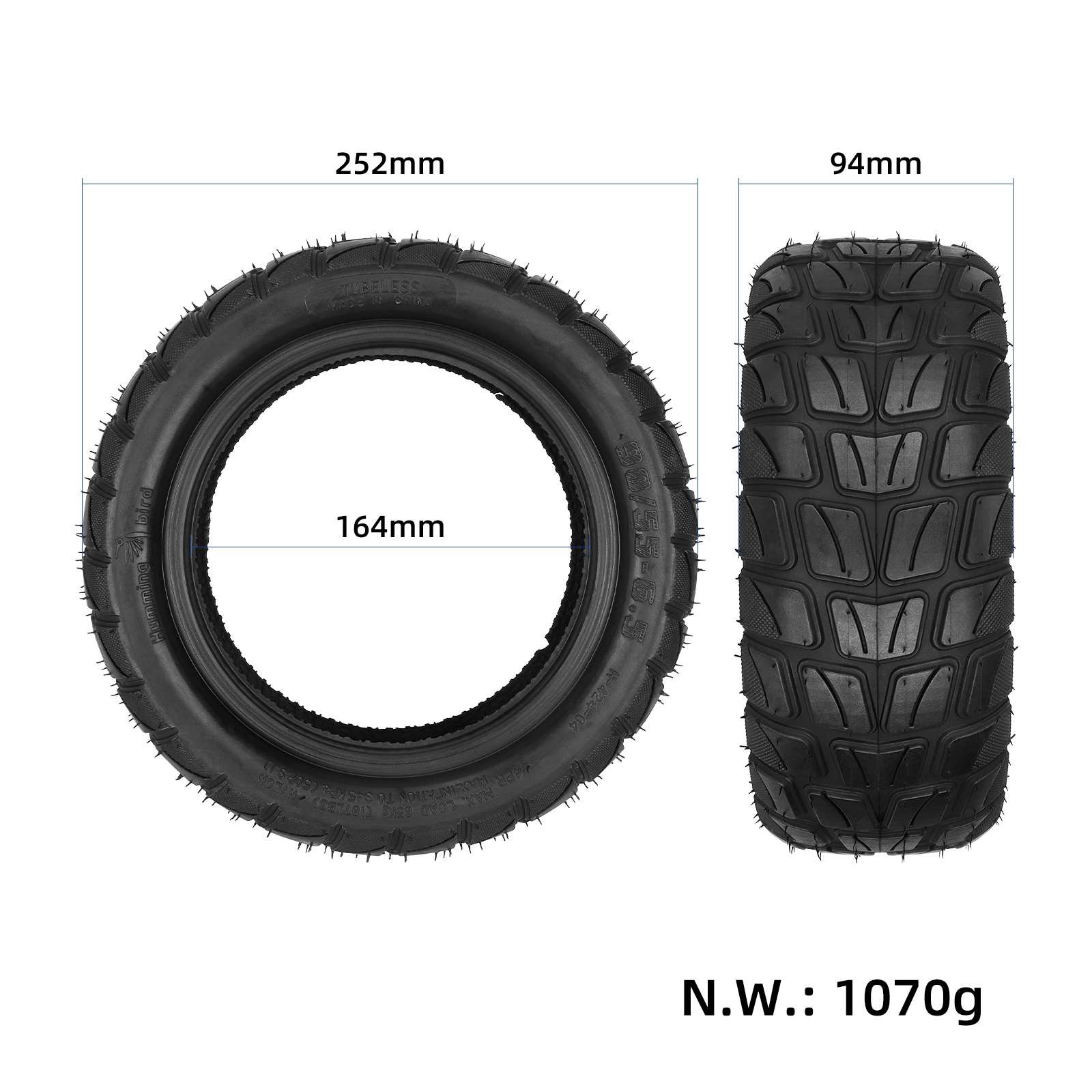 Anvelopă tubeless 90/55-6.5, groasă și lată, pentru trotinetă electrică, Humming Bird