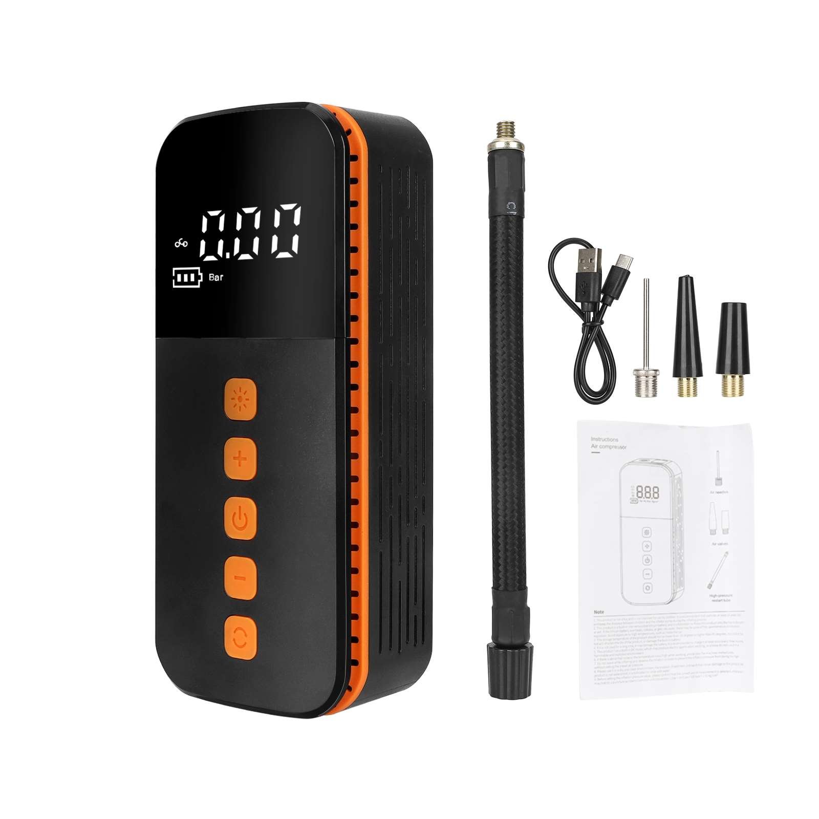 Pompă de aer portabilă neagră și portocalie, fără fir, cu afișaj digital LED, 150PSI