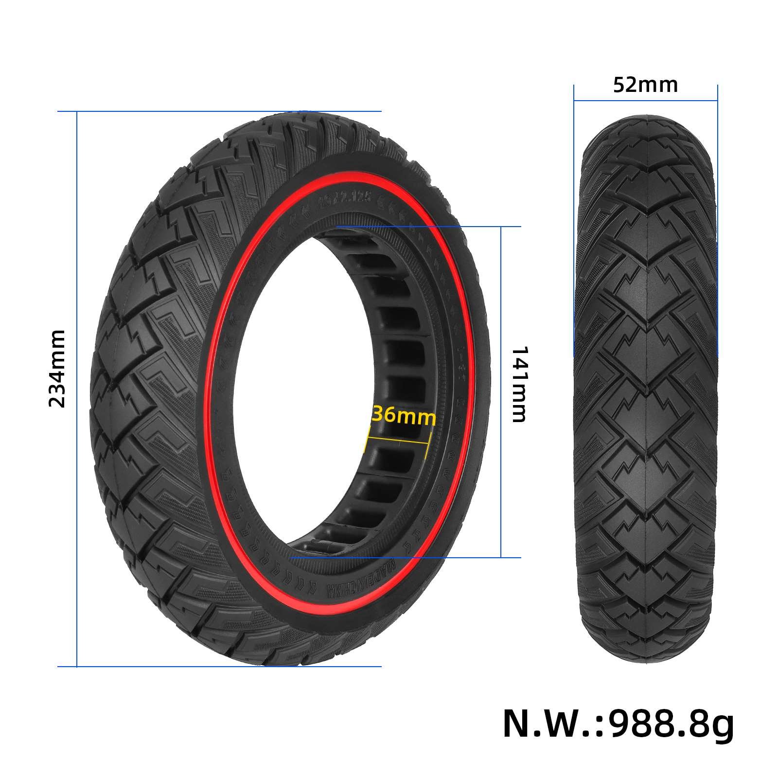Anvelopă plină de teren 10*2.125 cu cerc roșu, pentru Xiaomi M365 Pro, Pro2, 1S, Ulip