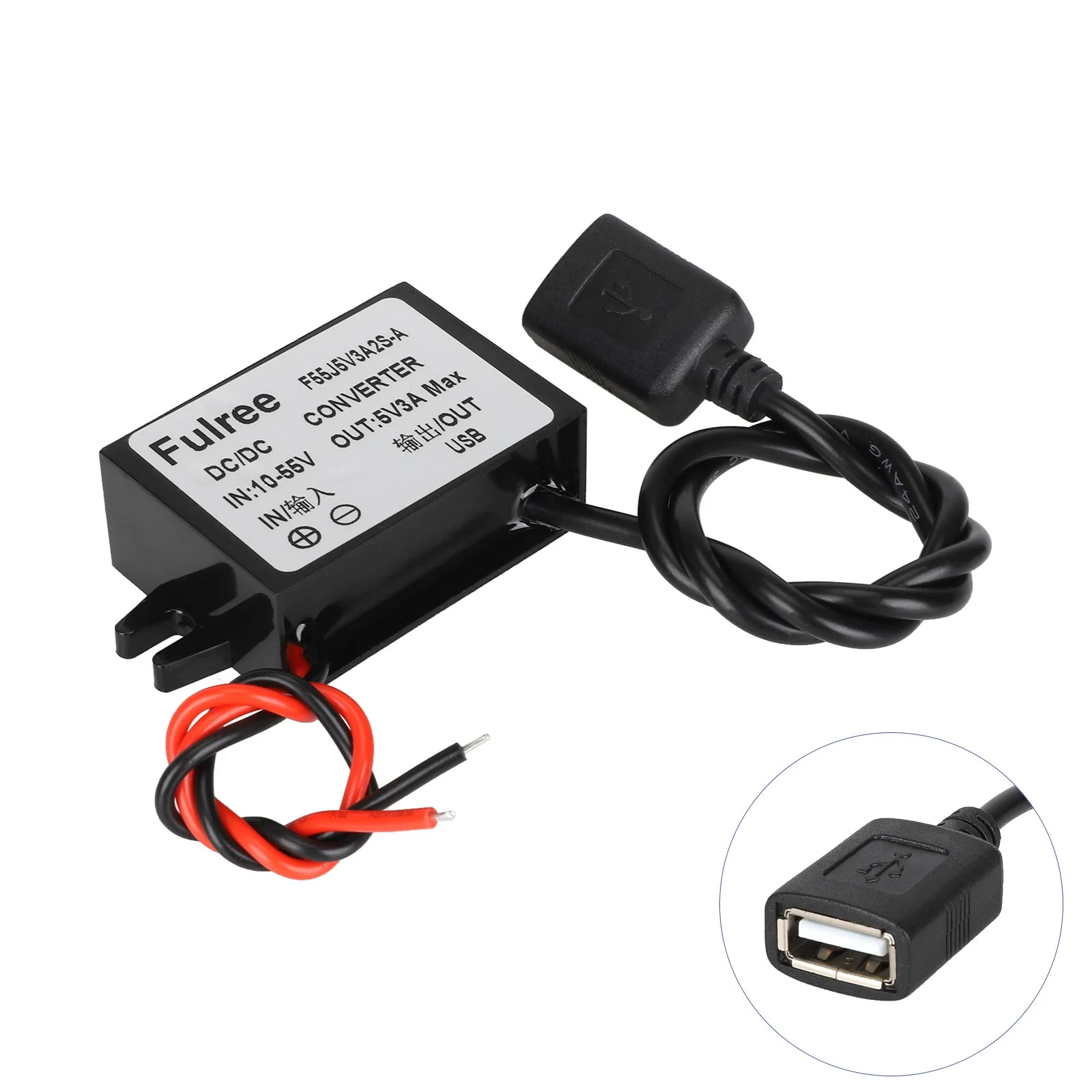 Convertor de tensiune DC 10-55V la 5V 3A, carcasă din plastic, cu USB