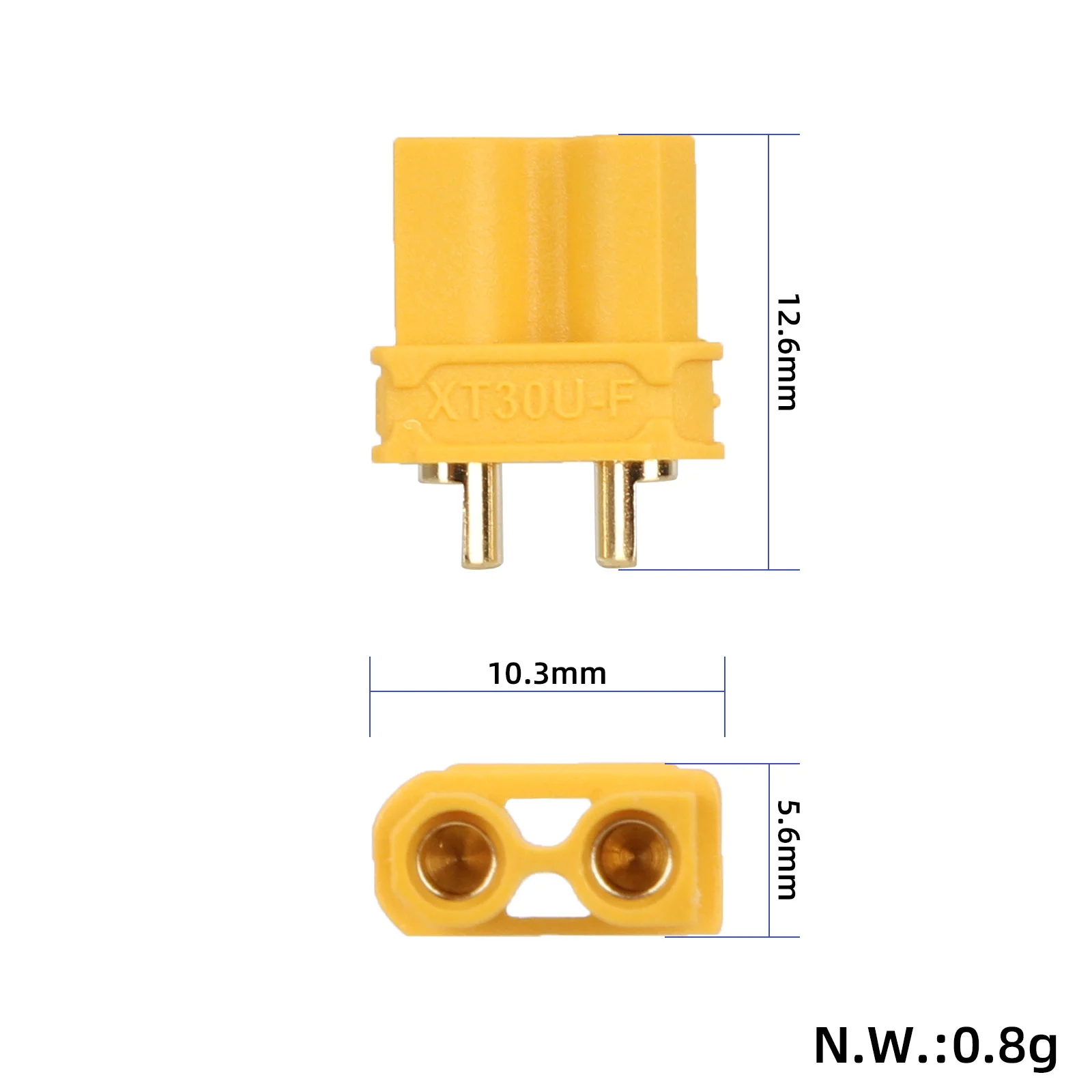 Conector XT30U-F femelă, galben, cu contacte placate cu aur, Amass