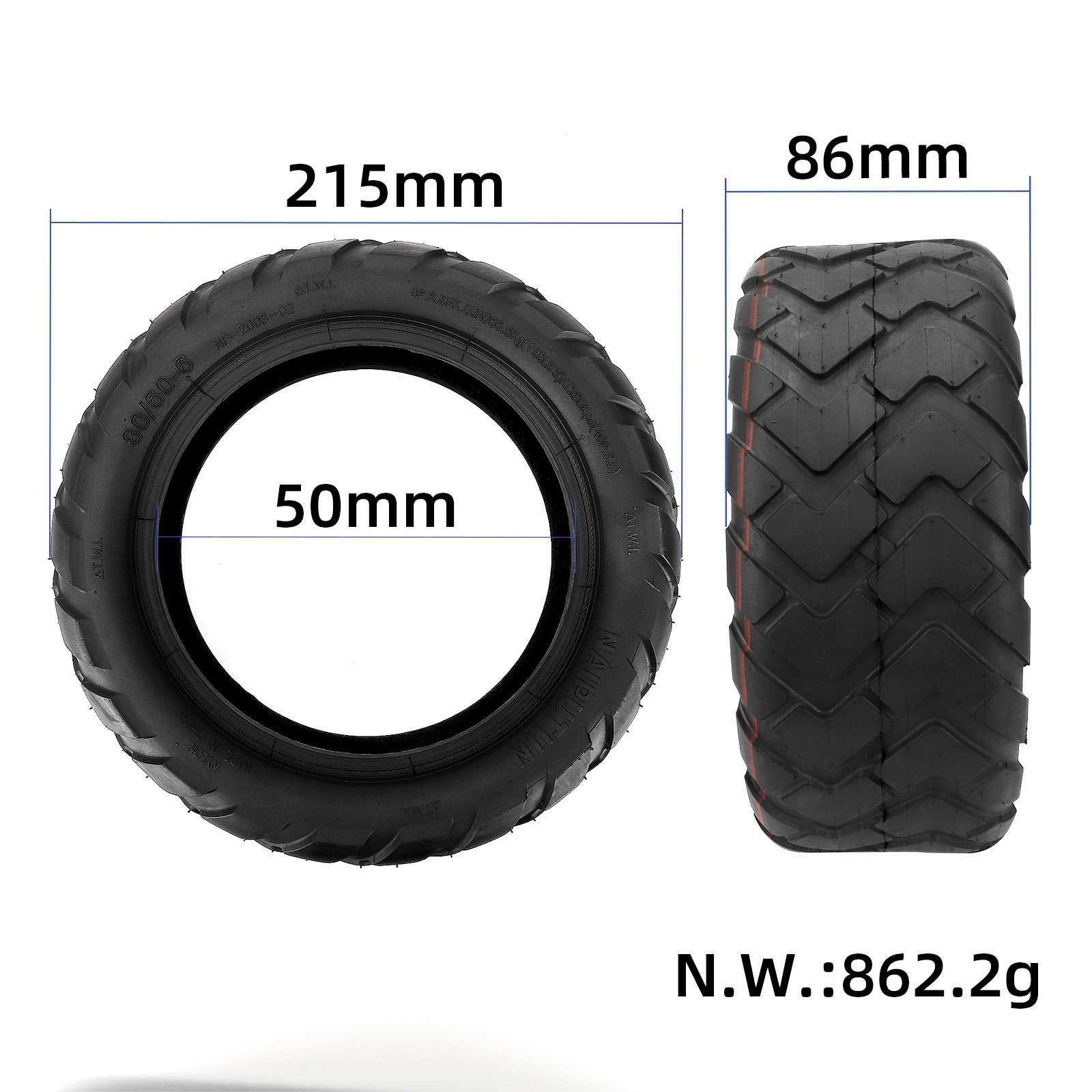 Anvelopă tubeless 80/60-6, fără cameră, din cauciuc, Naiputun