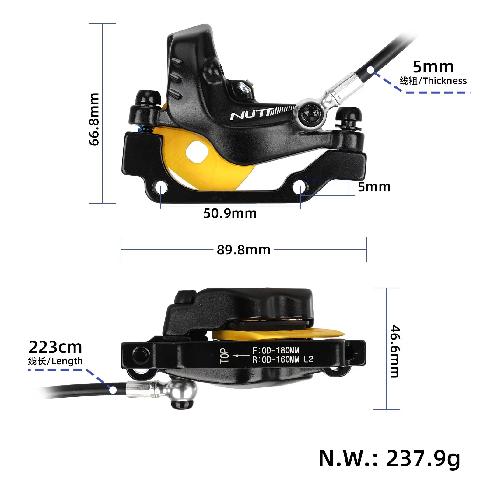 Set frână hidraulică cu 4 pistoane și manetă Y5, 4 piese, Nutt