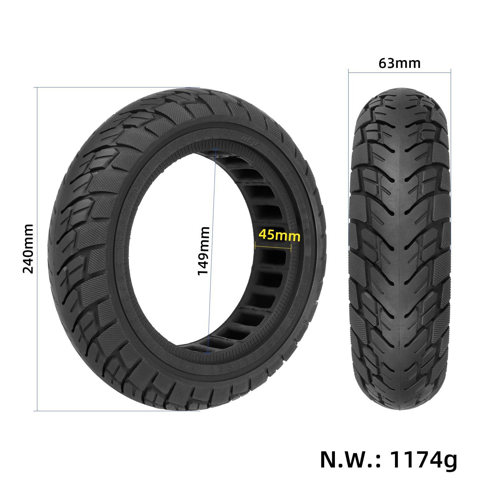 Anvelopă plină off-road 10*2.5 (60/70-6.5), cu canal de 45 mm, neagră, Ulip