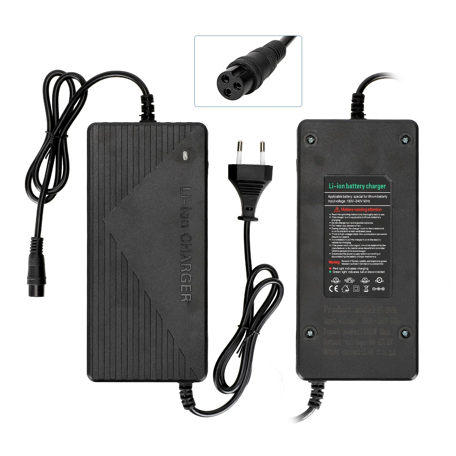 Încărcător rapid 60V-67.2V 5A, cu conector GX16 și ștecher EU