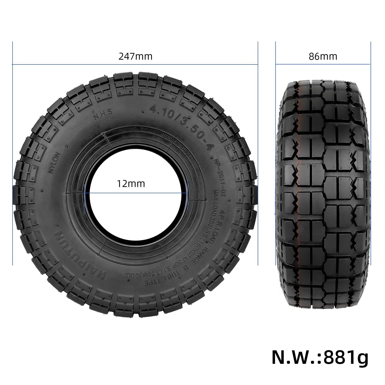 Anvelopă tubeless 4.10/3.50-4, pneumatică, Naiputun