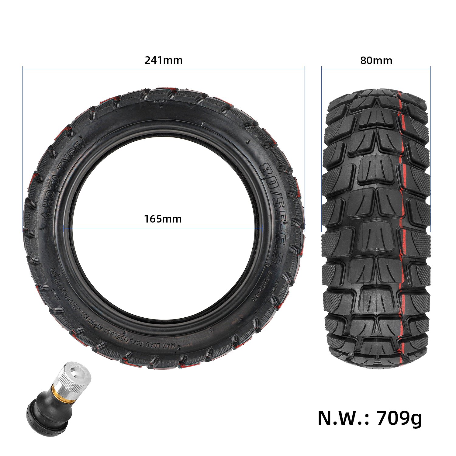 Anvelopă tubeless 80/55-6.5 cu valvă, pentru trotinetă electrică de 10 inch, HOTA