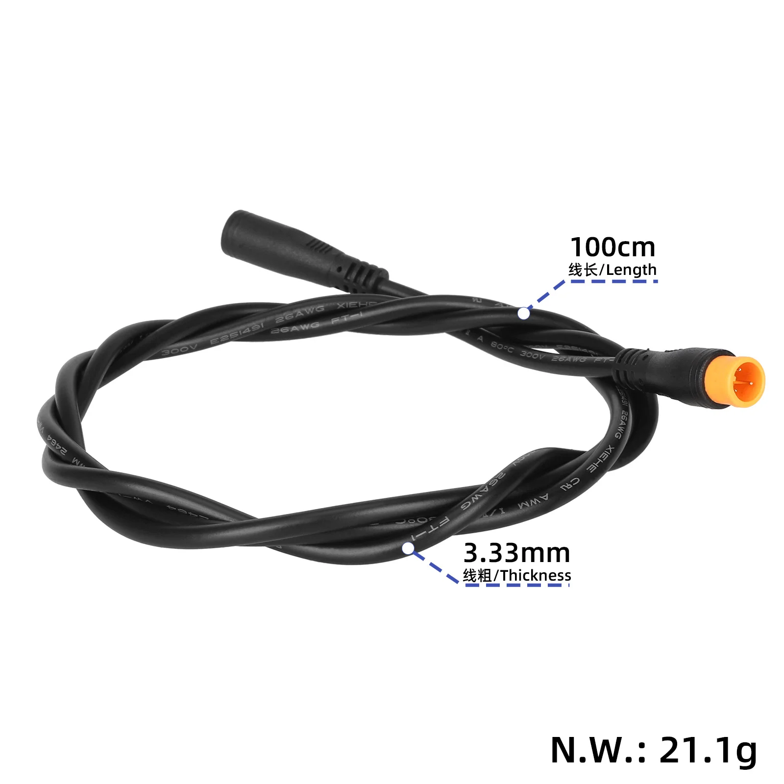 Cablu cu conector impermeabil M8, 3 pini, galben, 100 cm, male/female