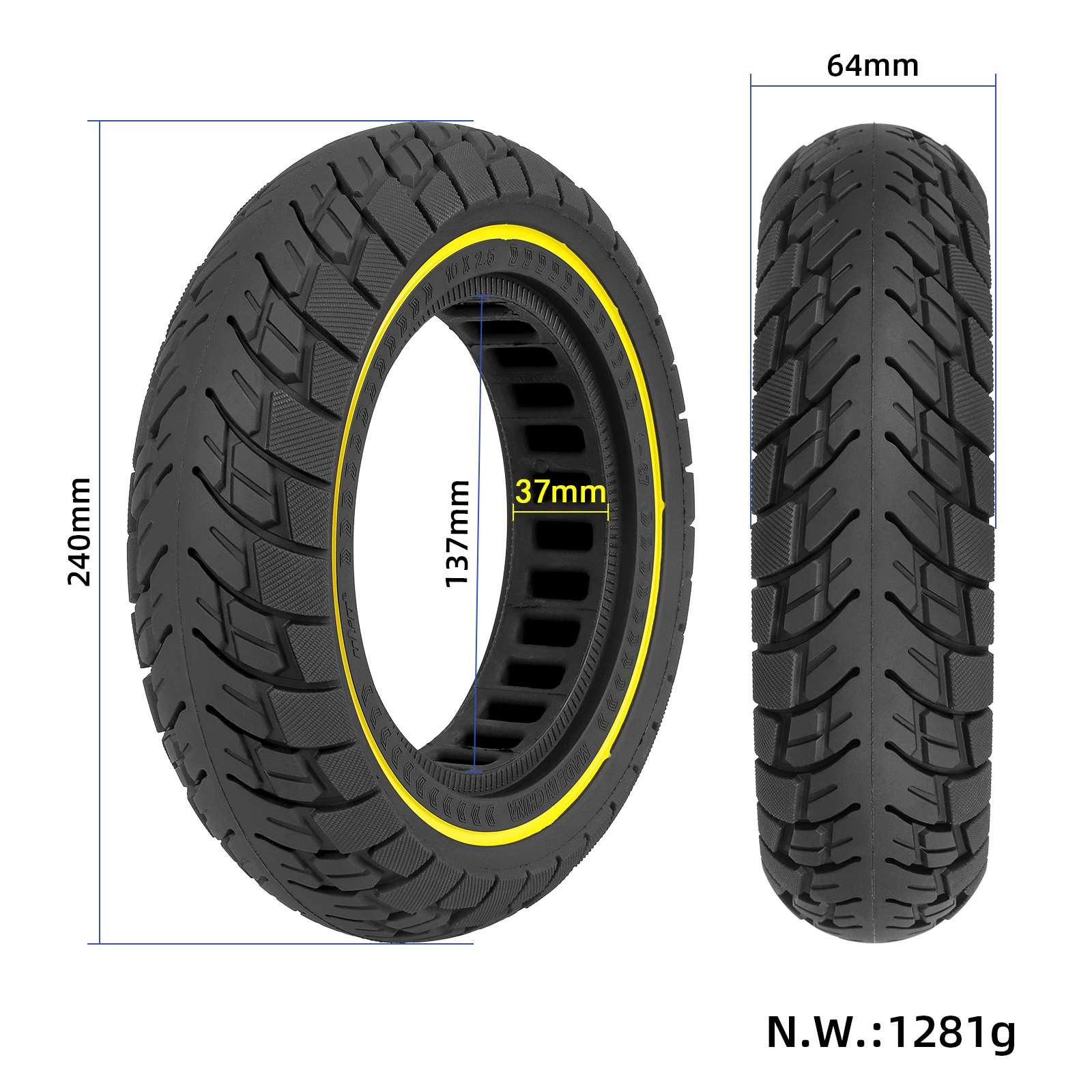 Anvelopă plină 10*2.5 cu cerc galben, slot de 37 mm, pentru Kugoo M4, Ulip