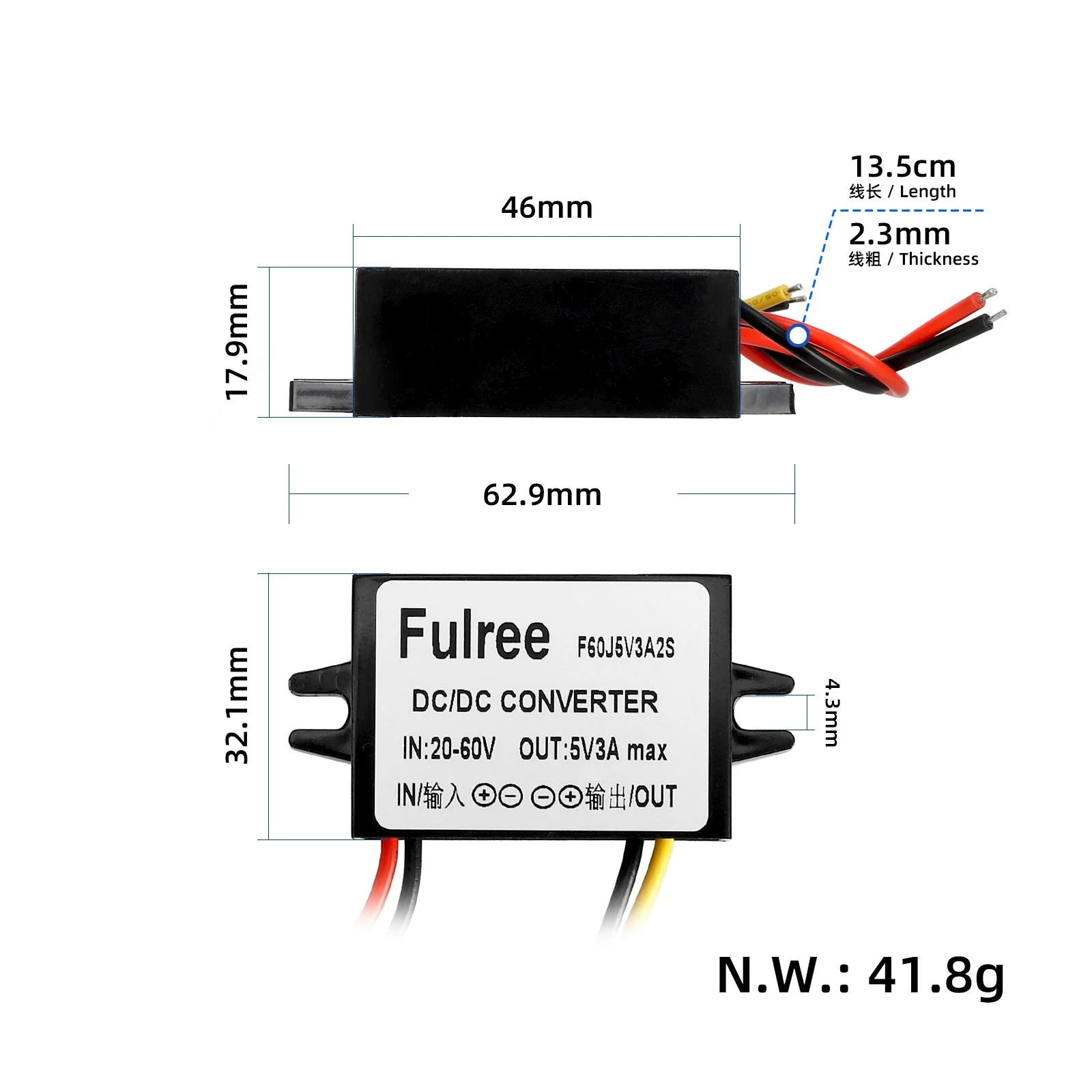 Convertor de tensiune DC 20-60V la 5V 3A, carcasă din plastic, cu USB