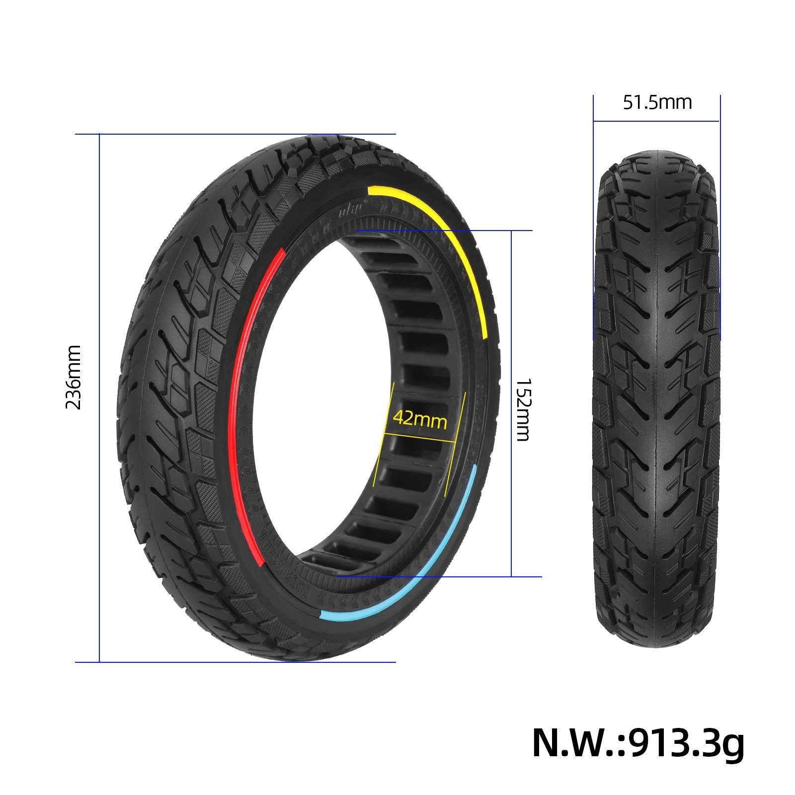 Anvelopă plină 10*2.125/250*54, cu cerc în 3 culori, pentru Ninebot F20, F25, F30, Ulip