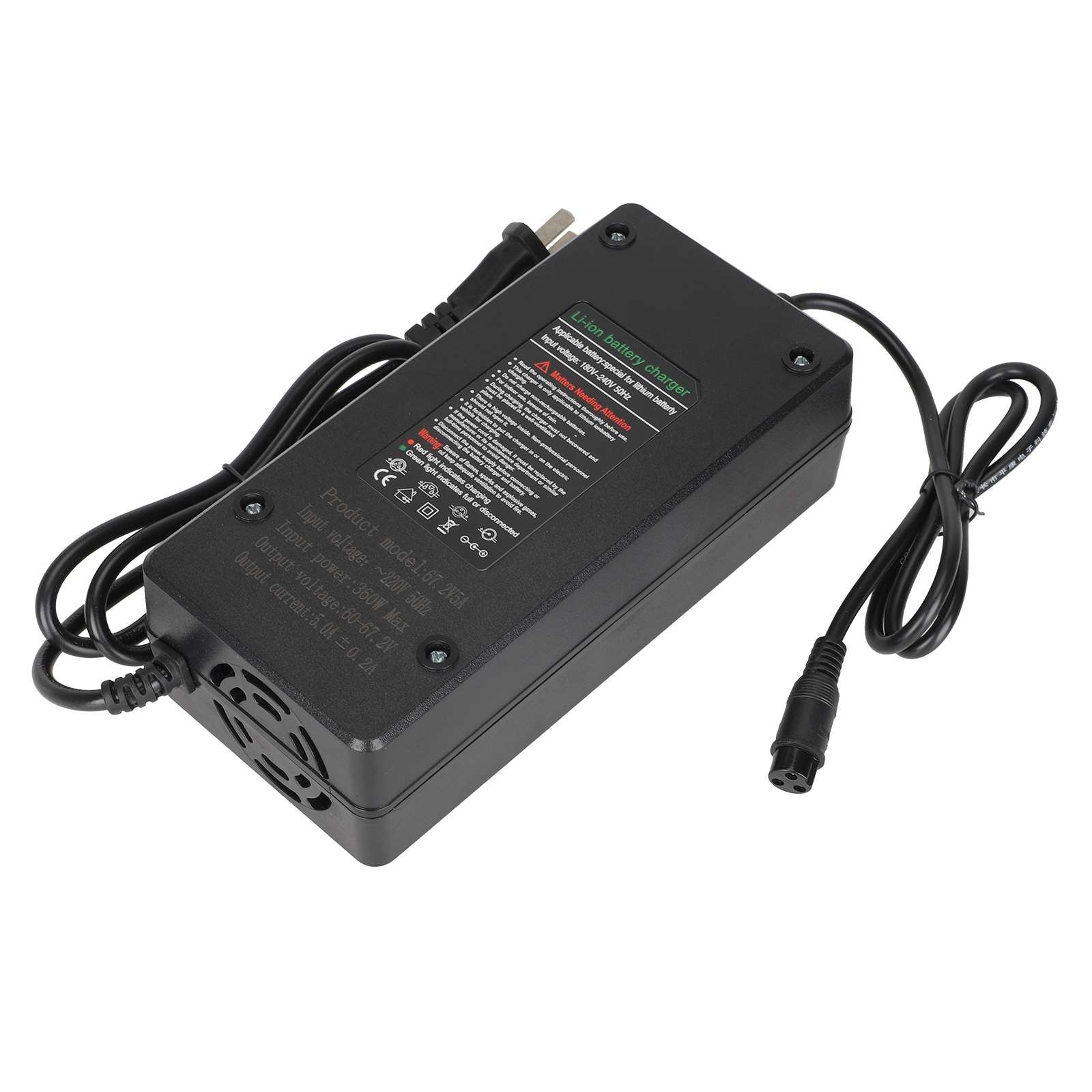 Încărcător rapid 60V-67.2V 5A cu conector GX16 și ștecher US