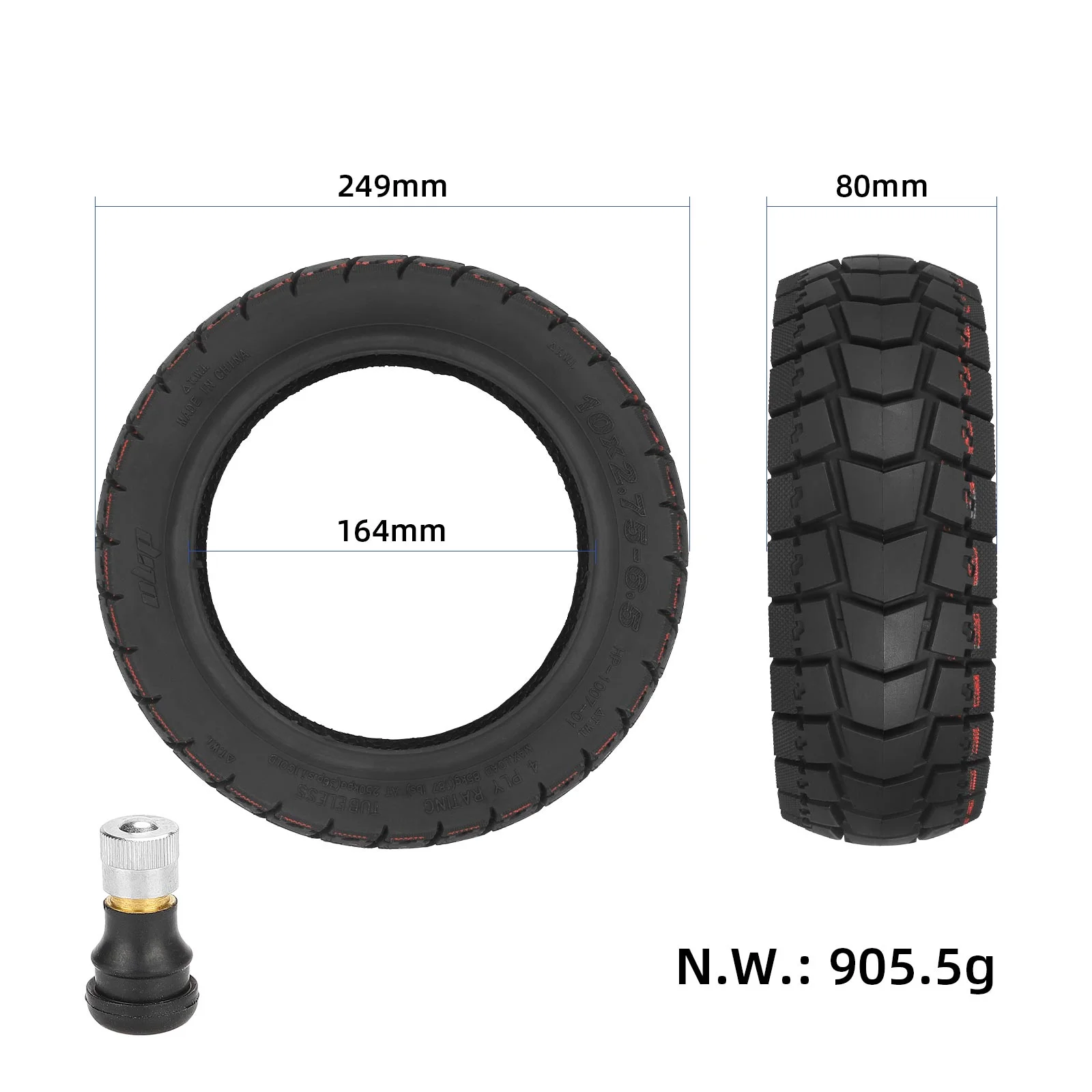 Anvelopă tubeless 10*2.75-6.5 cu valvă dreaptă, pentru Kukirin G2, G3, G2 Ultra, Ulip