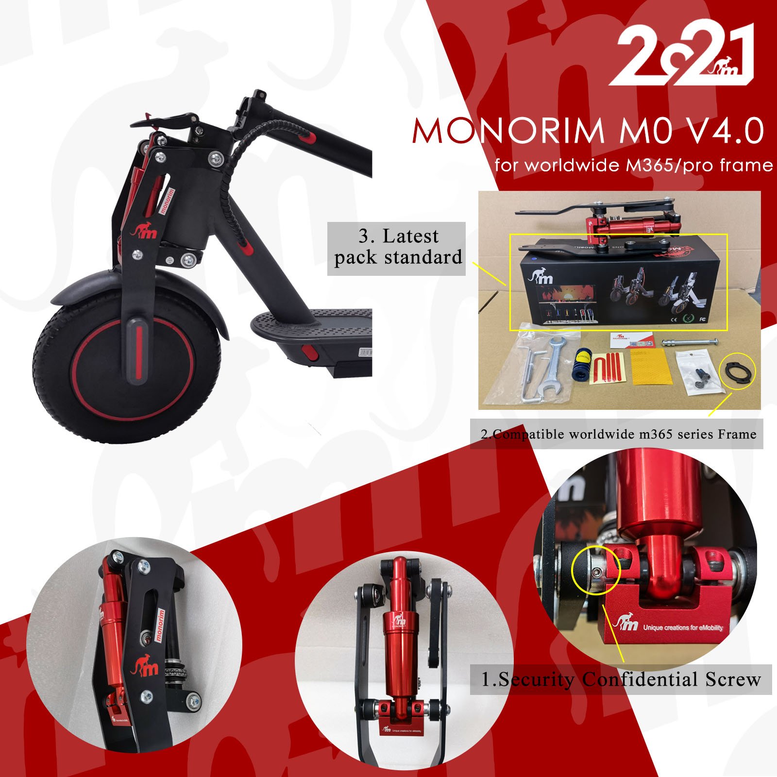 Amortizor față White Red V4, pentru Xiaomi M365/Pro/Pro2/1S, Monorim