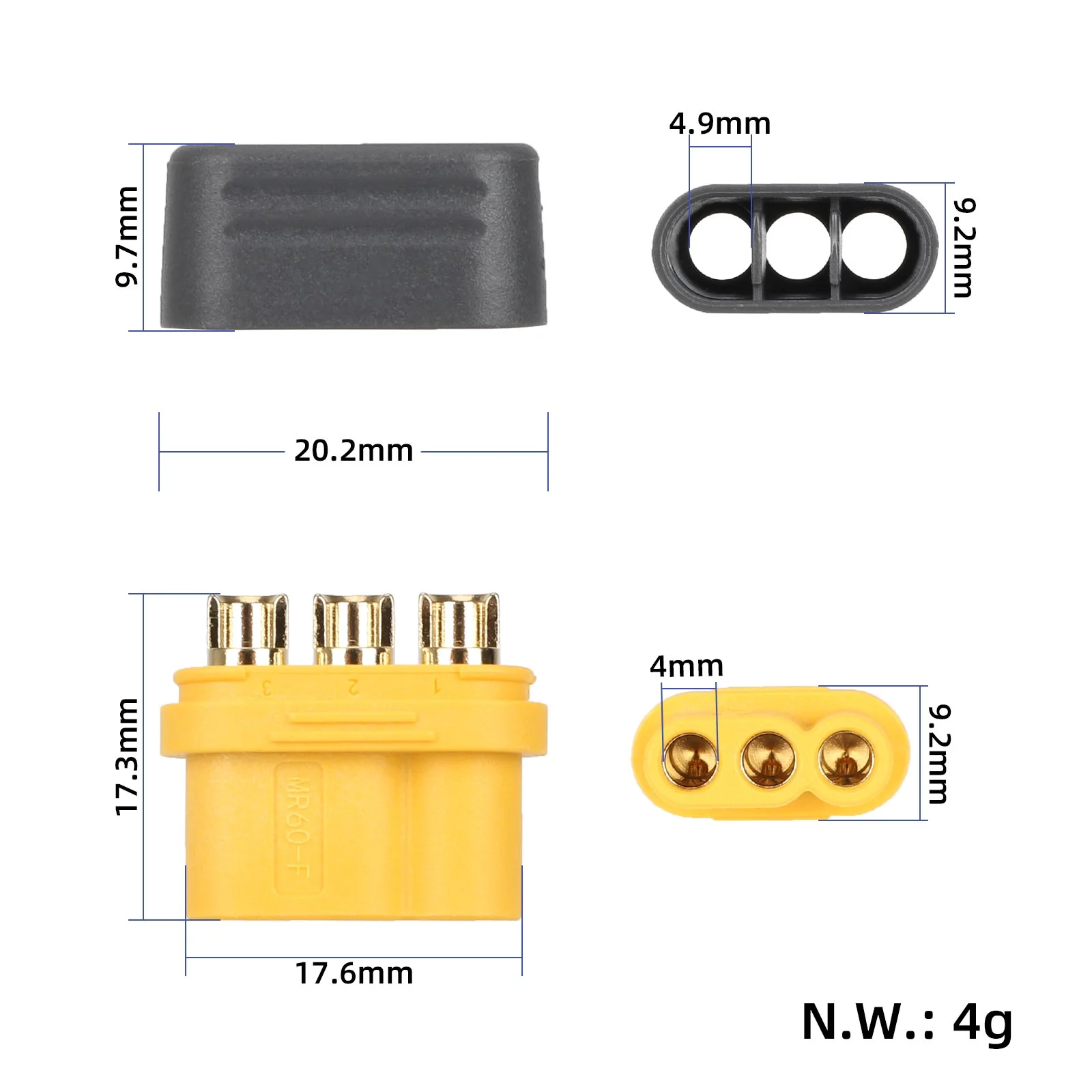 Conector MR60 mamă cu 3 pini, pentru curent mare 30A, Amass