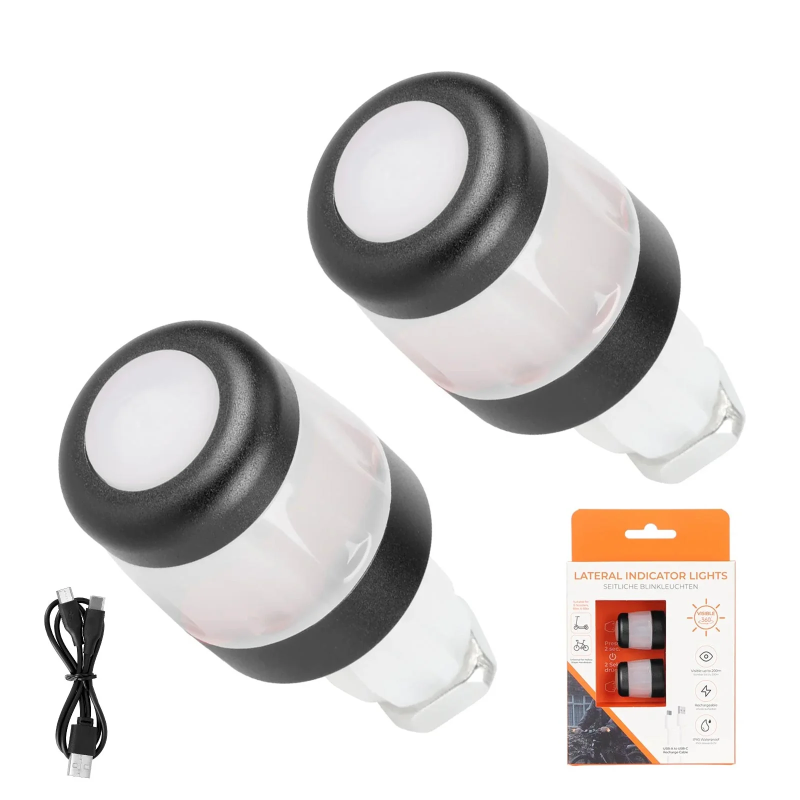 Mâner cu lumină de semnalizare, încărcare USB, 2 buc., negru și alb, Ulip